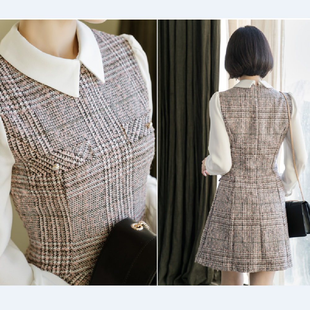op3930 Mock Layer Tweed Dress