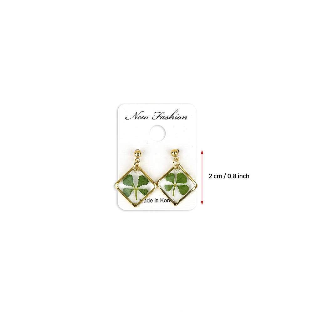 Resin Craft Earring with Four Leaf Clover Dangle Real Lucky Clover Ear Rings - Square Type