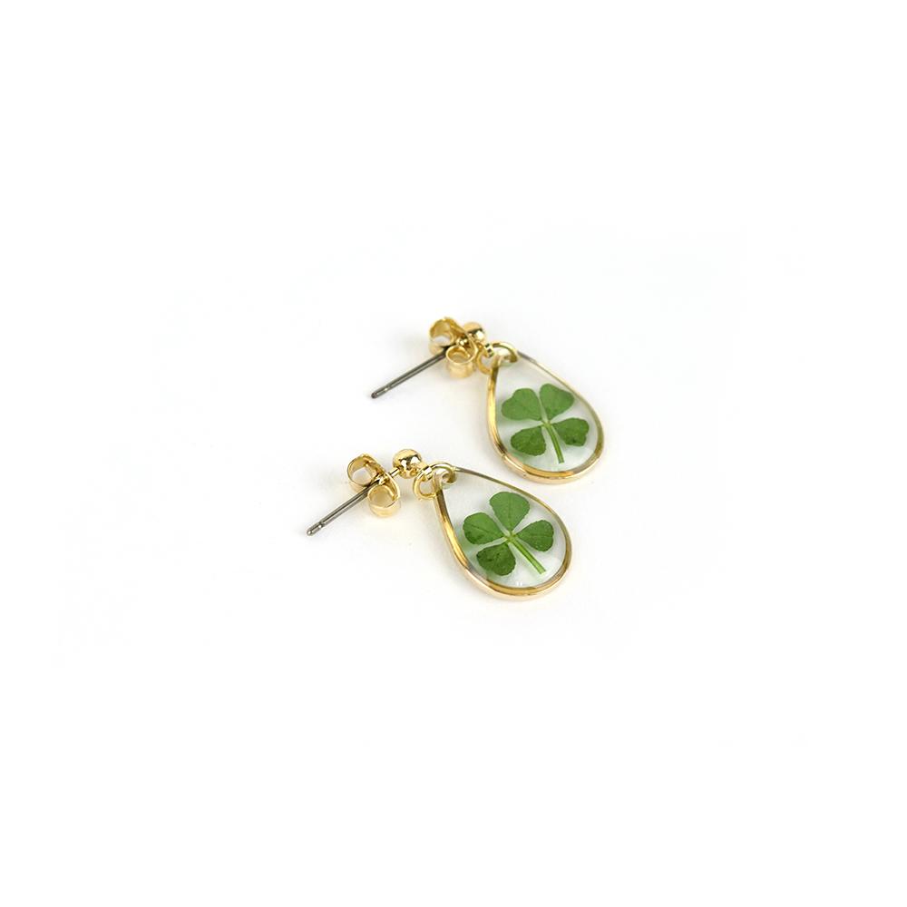 Resin Craft Earring with Four Leaf Clover Dangle Real Lucky Clover Ear Rings - Water Drop Type