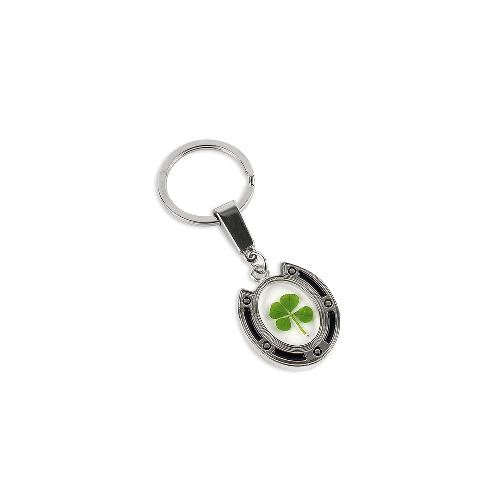 Clover Keyring - Fancy Resin Craft Art Pressed Real Four Leaf Clover Key Chain - Black Round Shape